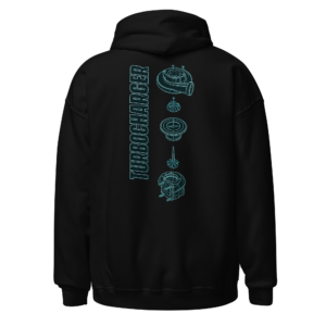 Back view of a black Hoodie featuring a vertical technical study of turbocharger components with teal linework and labels