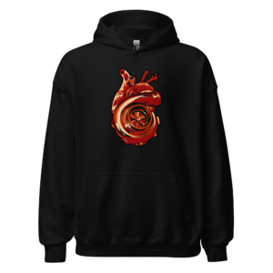 Front view of a black Hoodie featuring an anatomical heart built from a red turbocharger and mechanical piping