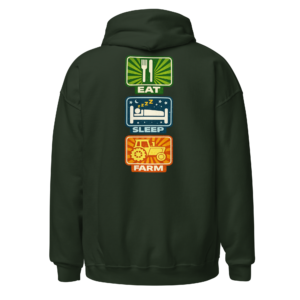 Back view of a forest-green Hoodie featuring three stacked colour panels labelled “Eat”, “Sleep” and “Farm”, illustrated with crops, a bed and a tractor