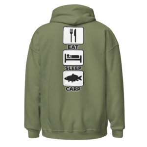 Back view of a military-green Hoodie featuring three stacked panels showing cutlery, a bed and a carp silhouette, labelled “Eat”, “Sleep” and “Carp”